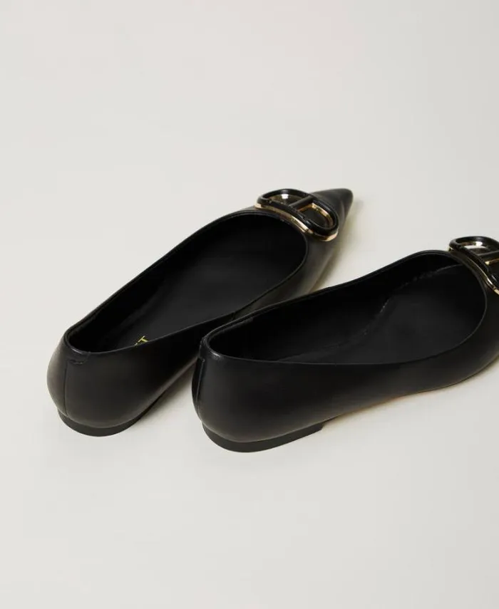 Twinset Flat Shoes Leather Ballerina Shoes With Oval T Black 8211 Shoes