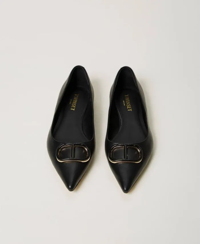 Twinset Flat Shoes Leather Ballerina Shoes With Oval T Black 8211 Shoes