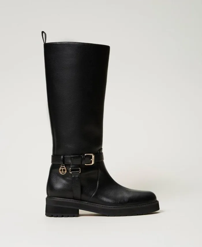 Twinset Flat Shoes Leather Biker Boots With Oval T Black 8211 Shoes