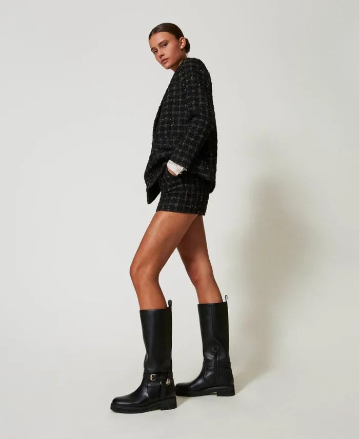 Twinset Flat Shoes Leather Biker Boots With Oval T Black 8211 Shoes