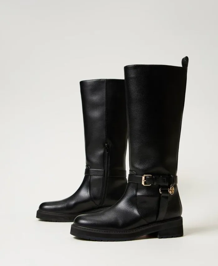 Twinset Flat Shoes Leather Biker Boots With Oval T Black 8211 Shoes
