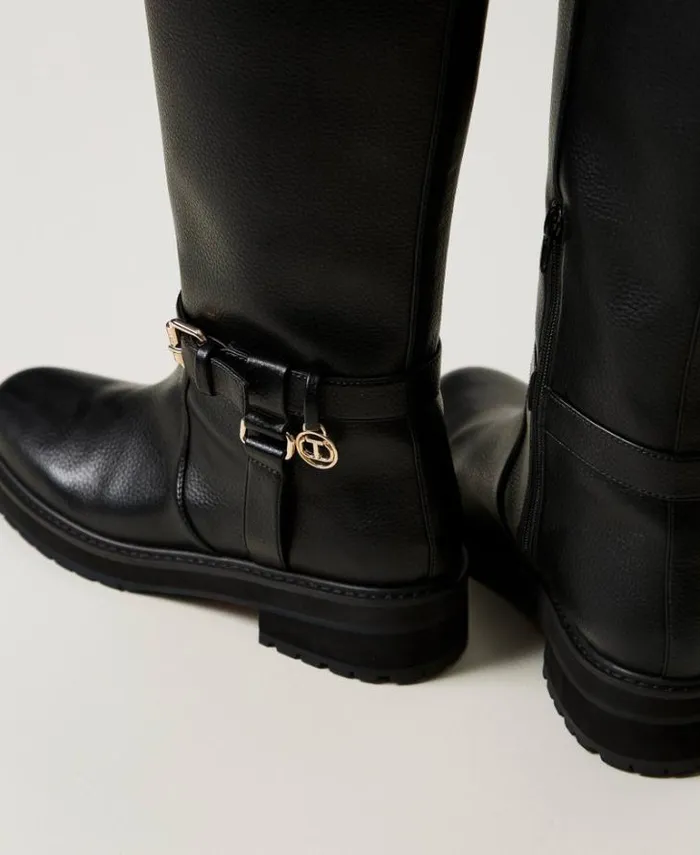 Twinset Flat Shoes Leather Biker Boots With Oval T Black 8211 Shoes
