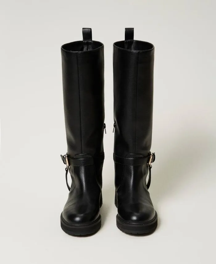 Twinset Flat Shoes Leather Biker Boots With Oval T Black 8211 Shoes