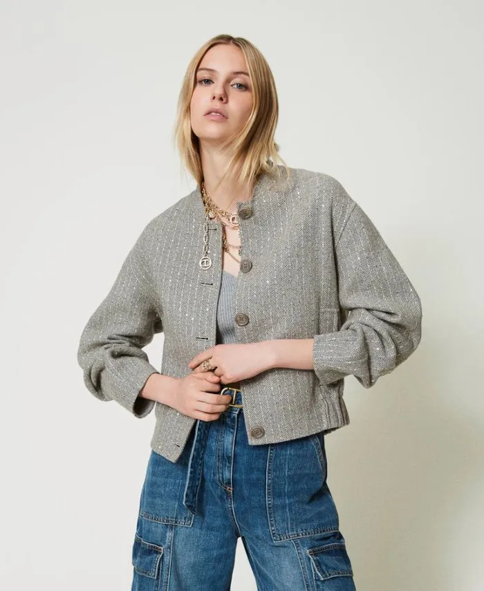 Twinset Jackets And Puffer Jackets Doubled Wool Cloth Bomber Jacket With Sequins Melange Grey Double Pinstripe 8211 Clothing Twinset Jackets And Puffer Jackets Doubled Wool Cloth Bomber Jacket With Sequins Melange Grey Double Pinstripe 8211 Clothing