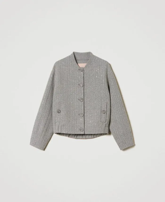 Twinset Jackets And Puffer Jackets Doubled Wool Cloth Bomber Jacket With Sequins Melange Grey Double Pinstripe 8211 Clothing