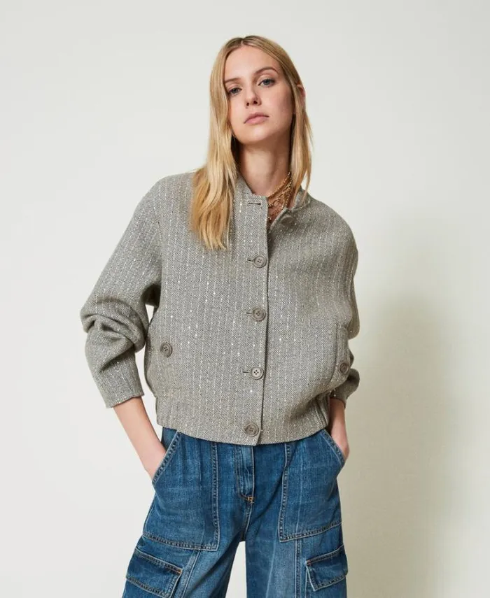 Twinset Jackets And Puffer Jackets Doubled Wool Cloth Bomber Jacket With Sequins Melange Grey Double Pinstripe 8211 Clothing