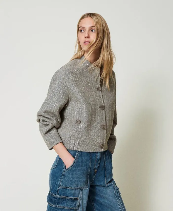 Twinset Jackets And Puffer Jackets Doubled Wool Cloth Bomber Jacket With Sequins Melange Grey Double Pinstripe 8211 Clothing