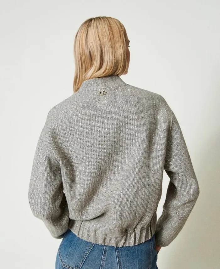 Twinset Jackets And Puffer Jackets Doubled Wool Cloth Bomber Jacket With Sequins Melange Grey Double Pinstripe 8211 Clothing