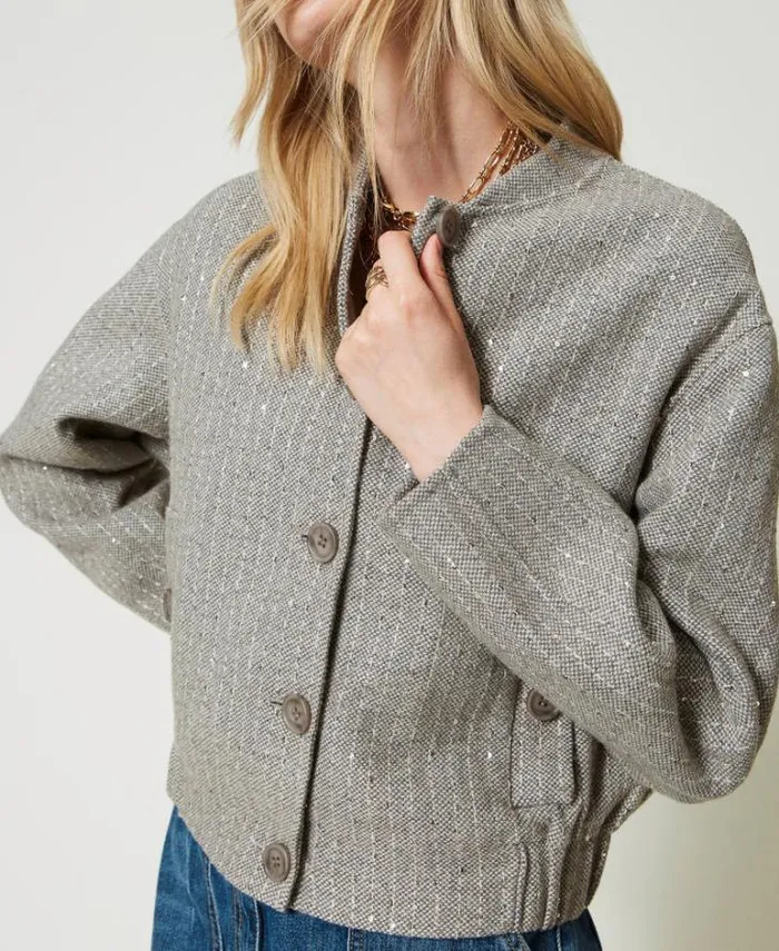 Twinset Jackets And Puffer Jackets Doubled Wool Cloth Bomber Jacket With Sequins Melange Grey Double Pinstripe 8211 Clothing