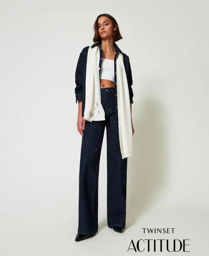 Twinset Jeans Full Rhinestone Wide Leg Jeans Rinsed Denim 8211 Clothing