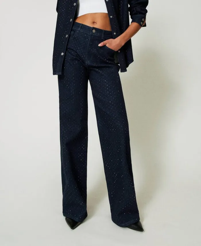 Twinset Jeans Full Rhinestone Wide Leg Jeans Rinsed Denim 8211 Clothing