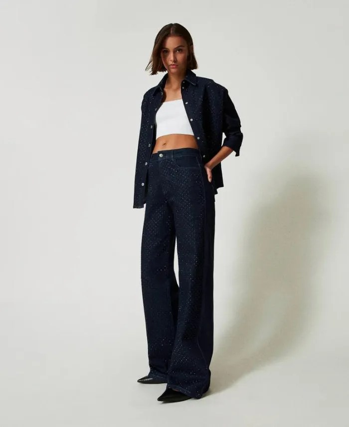 Twinset Jeans Full Rhinestone Wide Leg Jeans Rinsed Denim 8211 Clothing
