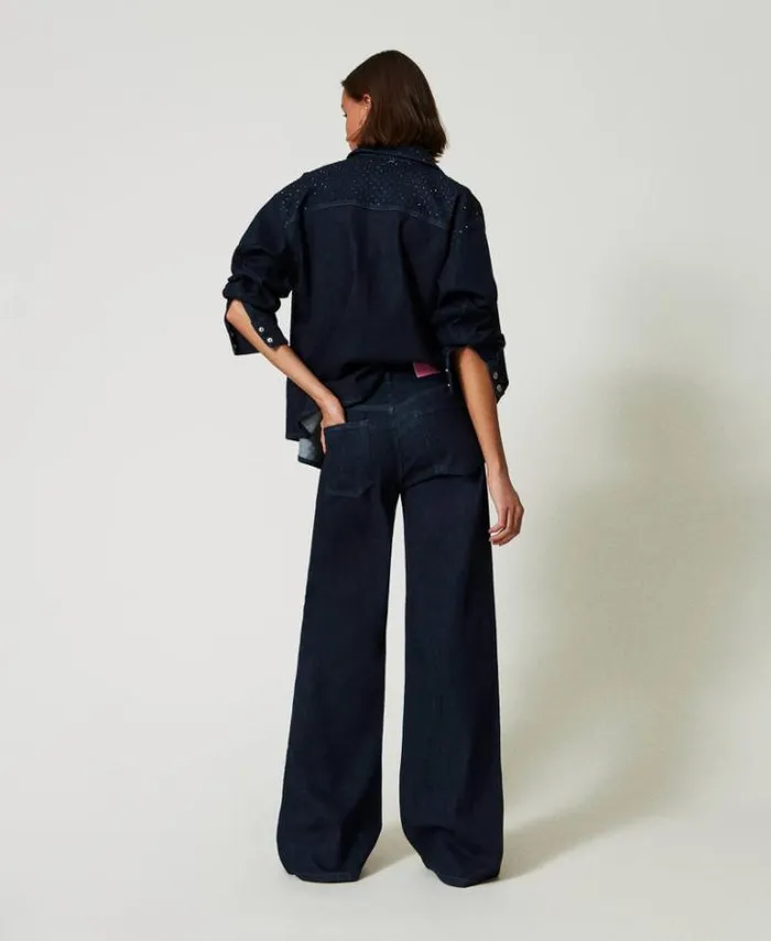 Twinset Jeans Full Rhinestone Wide Leg Jeans Rinsed Denim 8211 Clothing