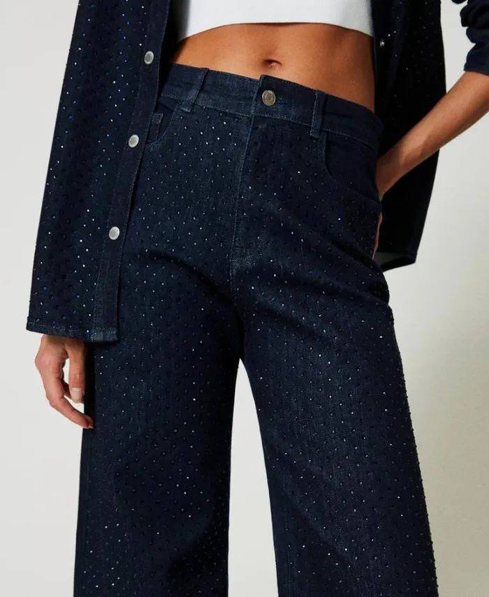 Twinset Jeans Full Rhinestone Wide Leg Jeans Rinsed Denim 8211 Clothing
