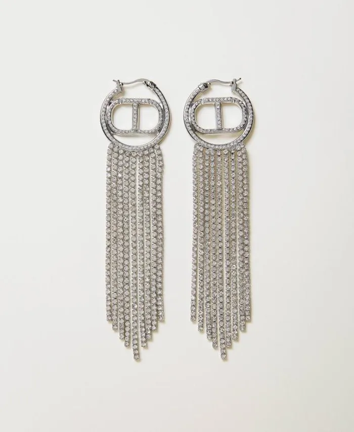 Twinset Jewellery Earrings With Oval T And Rhinestone Fringes Nickel Free Silver 8211 Accessories
