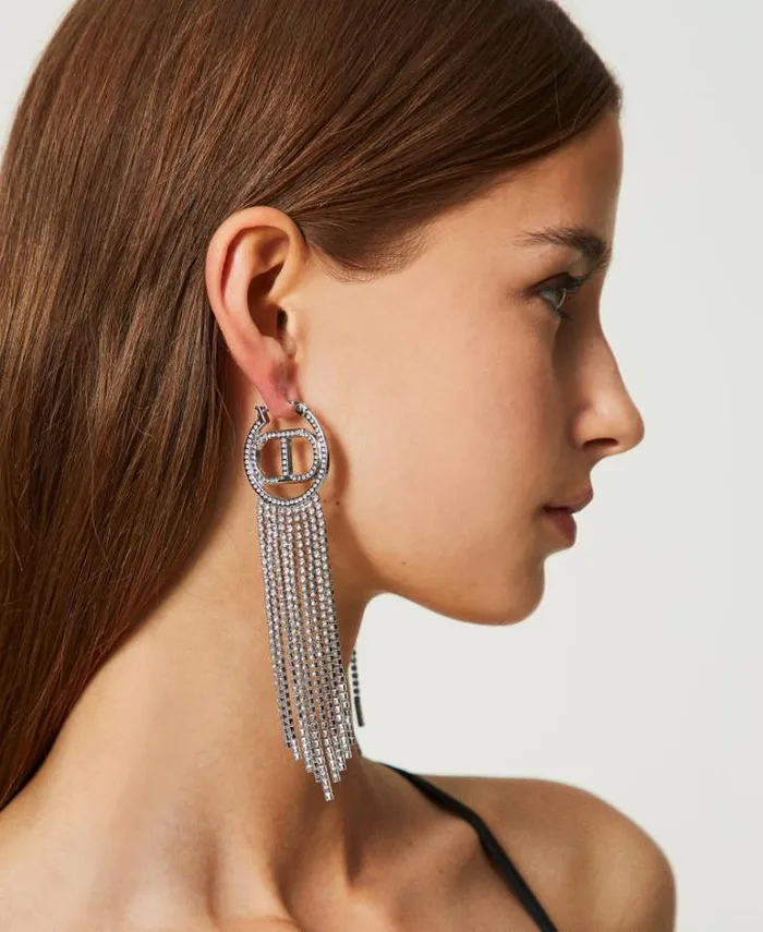 Twinset Jewellery Earrings With Oval T And Rhinestone Fringes Nickel Free Silver 8211 Accessories