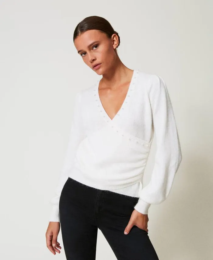 Twinset Jumpers And Cardigans Angora Blend Jumper With Pearls White Snow 8211 Clothing