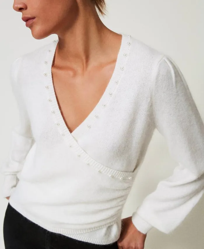 Twinset Jumpers And Cardigans Angora Blend Jumper With Pearls White Snow 8211 Clothing
