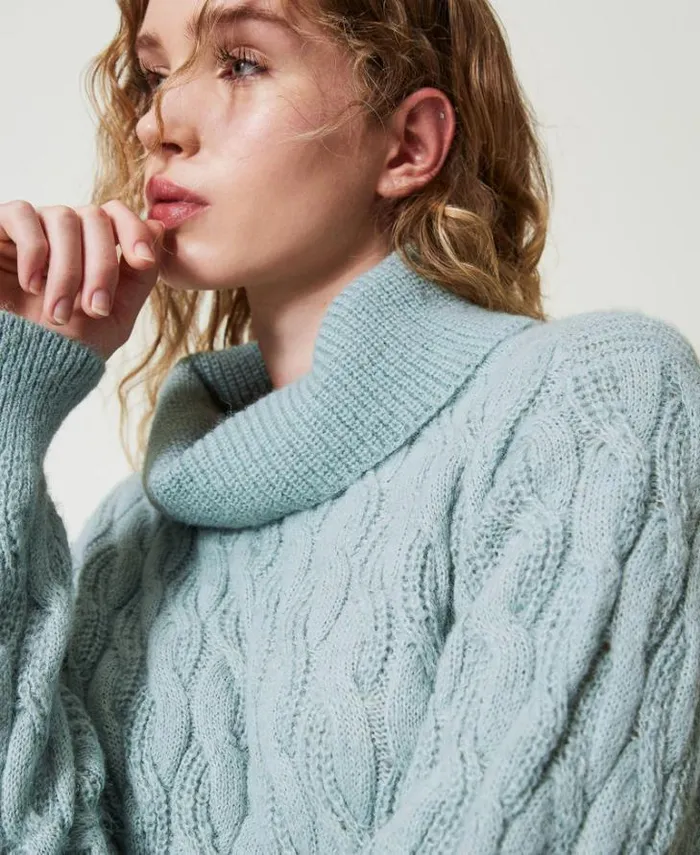 Twinset Jumpers And Cardigans Cable Knit Jumper With Maxi Collar Agave Green 8211 Clothing