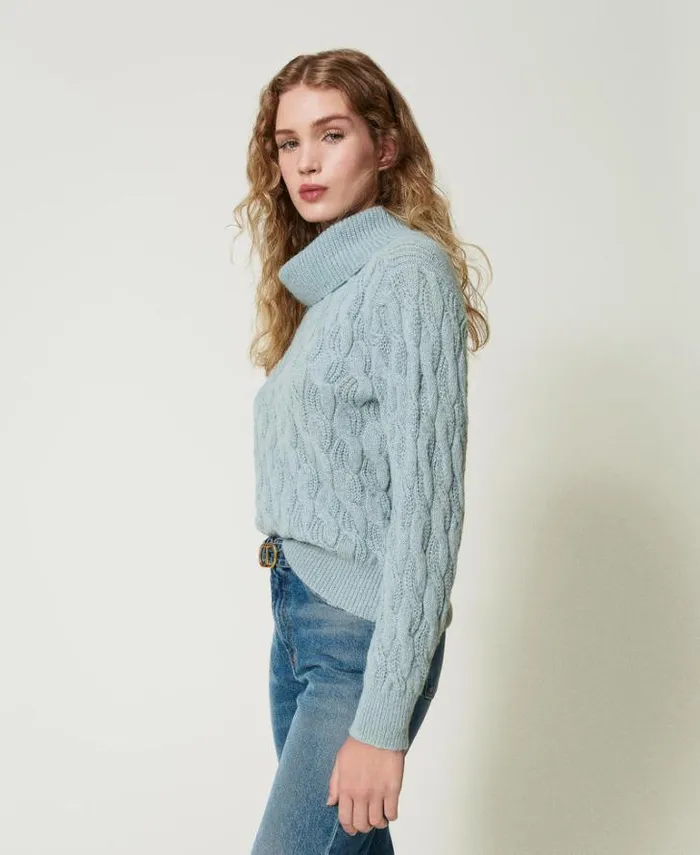 Twinset Jumpers And Cardigans Cable Knit Jumper With Maxi Collar Agave Green 8211 Clothing