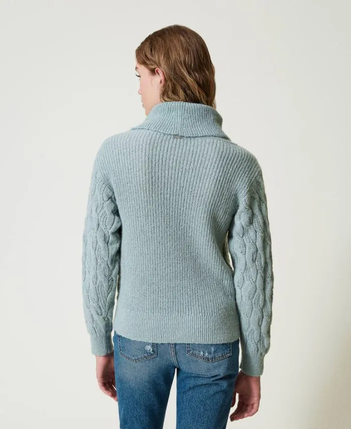 Twinset Jumpers And Cardigans Cable Knit Jumper With Maxi Collar Agave Green 8211 Clothing