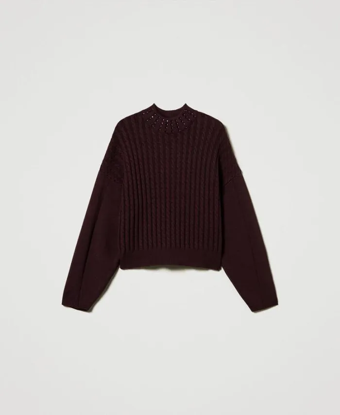 Twinset Jumpers And Cardigans Cable Knit Turtleneck Jumper With Rhinestones Potent Purple 8211 Clothing