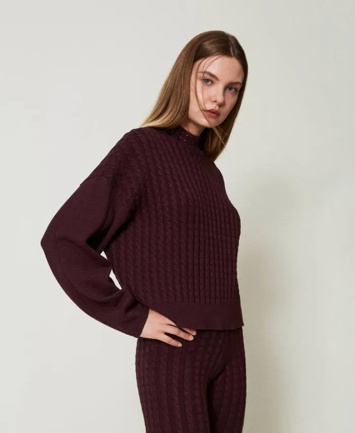 Twinset Jumpers And Cardigans Cable Knit Turtleneck Jumper With Rhinestones Potent Purple 8211 Clothing