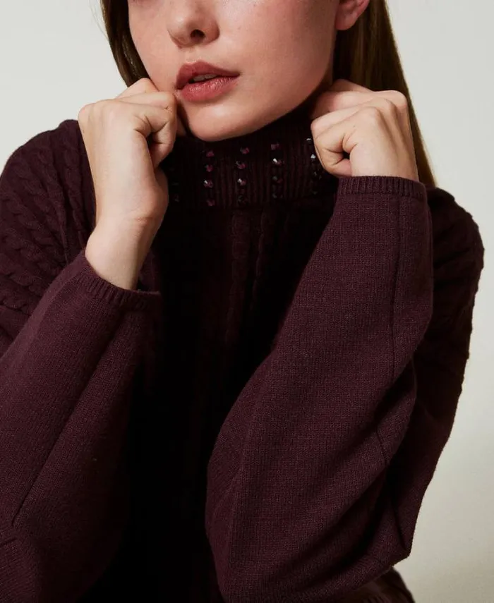 Twinset Jumpers And Cardigans Cable Knit Turtleneck Jumper With Rhinestones Potent Purple 8211 Clothing