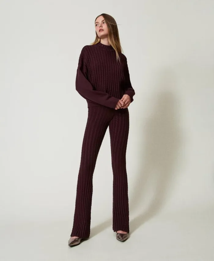 Twinset Jumpers And Cardigans Cable Knit Turtleneck Jumper With Rhinestones Potent Purple 8211 Clothing