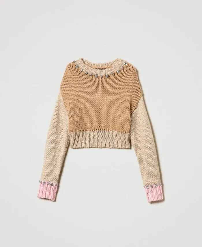 Twinset Jumpers And Cardigans Colour Block Jumper With Handmade Embroidery Multicolour Cinnamon Brown White Pink Tulle 8211 Clothing