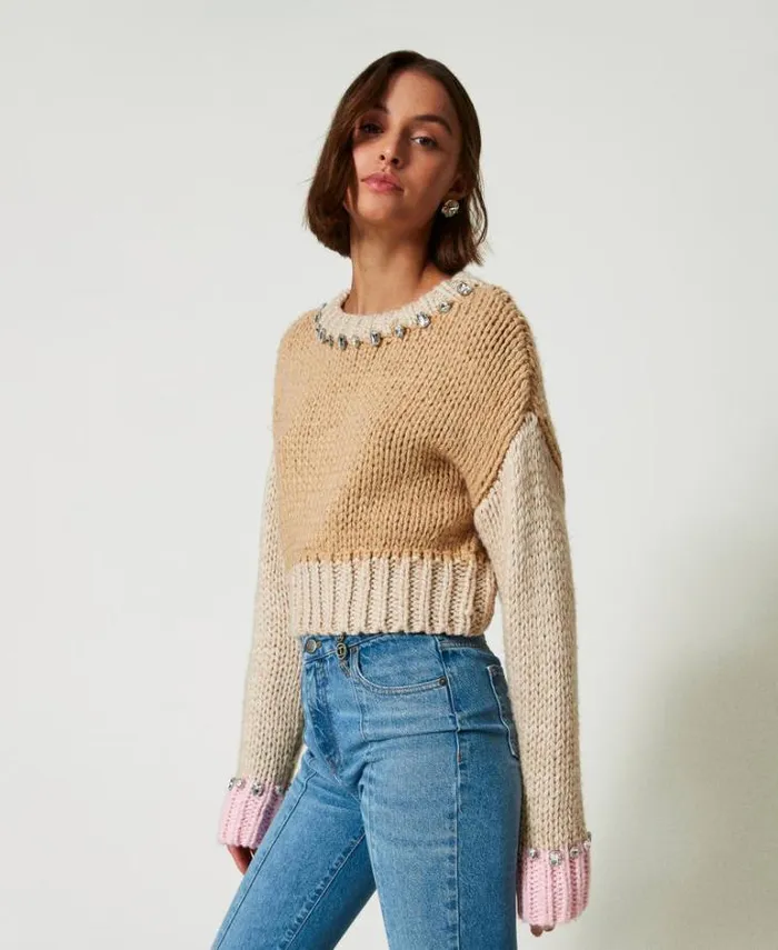 Twinset Jumpers And Cardigans Colour Block Jumper With Handmade Embroidery Multicolour Cinnamon Brown White Pink Tulle 8211 Clothing