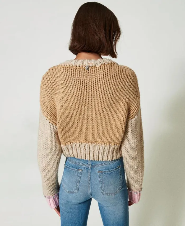 Twinset Jumpers And Cardigans Colour Block Jumper With Handmade Embroidery Multicolour Cinnamon Brown White Pink Tulle 8211 Clothing