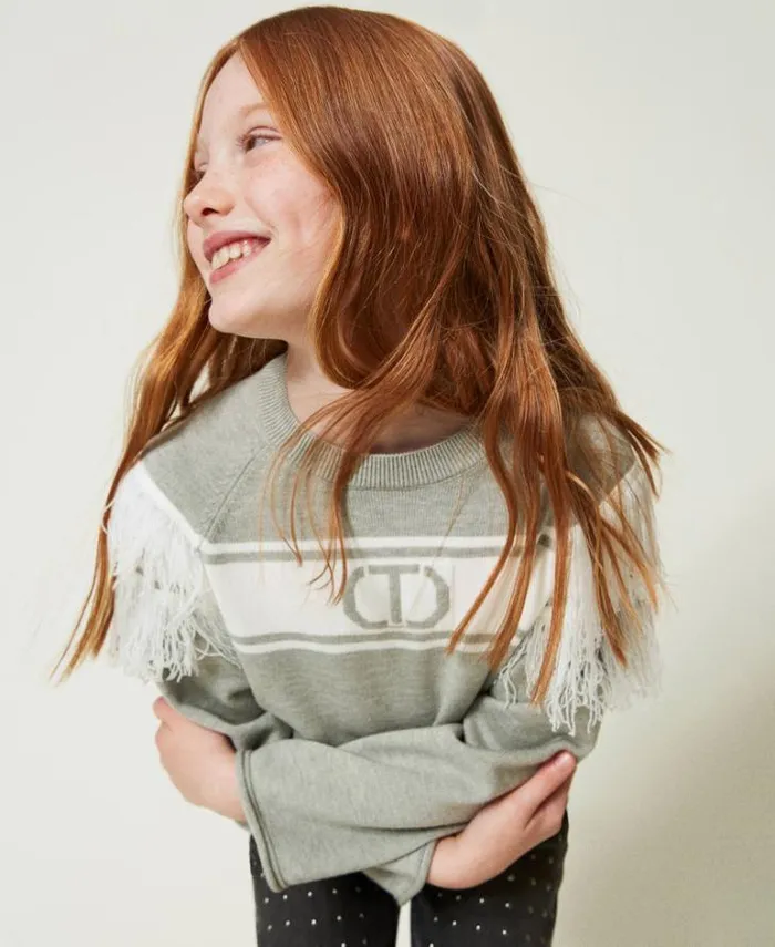 Twinset Jumpers And Cardigans Jumper With Jacquard Oval T And Fringes Twotone Frozen Fjord Light Blue Off White 8211 Girl