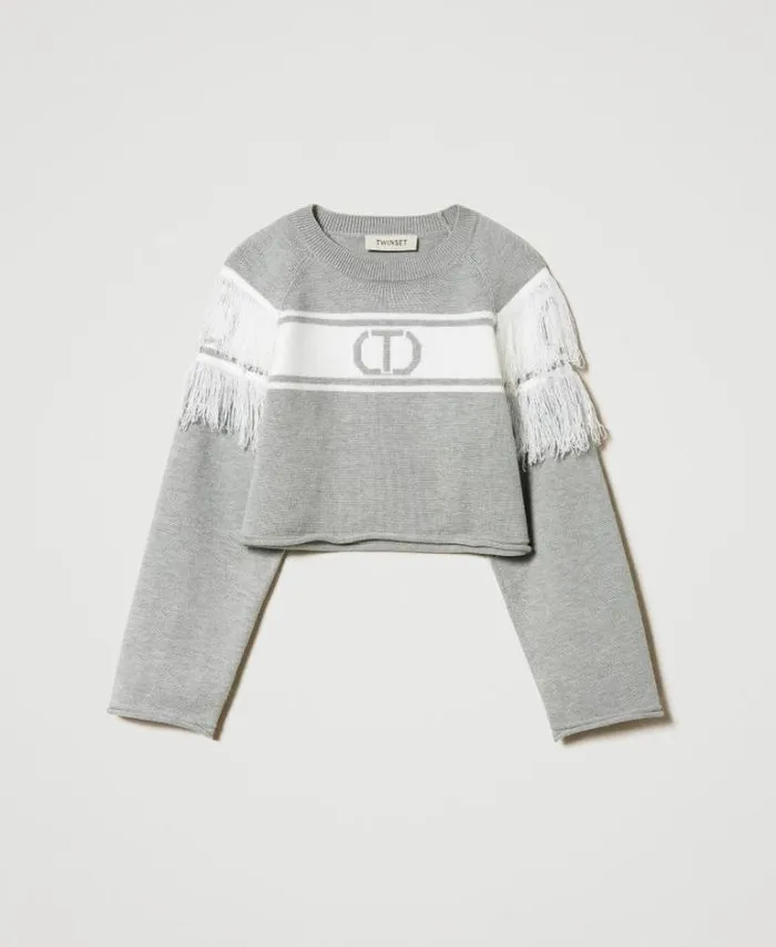 Twinset Jumpers And Cardigans Jumper With Jacquard Oval T And Fringes Twotone Frozen Fjord Light Blue Off White 8211 Girl