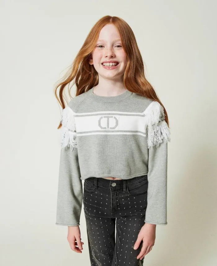 Twinset Jumpers And Cardigans Jumper With Jacquard Oval T And Fringes Twotone Frozen Fjord Light Blue Off White 8211 Girl