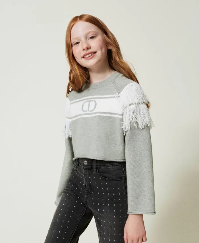 Twinset Jumpers And Cardigans Jumper With Jacquard Oval T And Fringes Twotone Frozen Fjord Light Blue Off White 8211 Girl