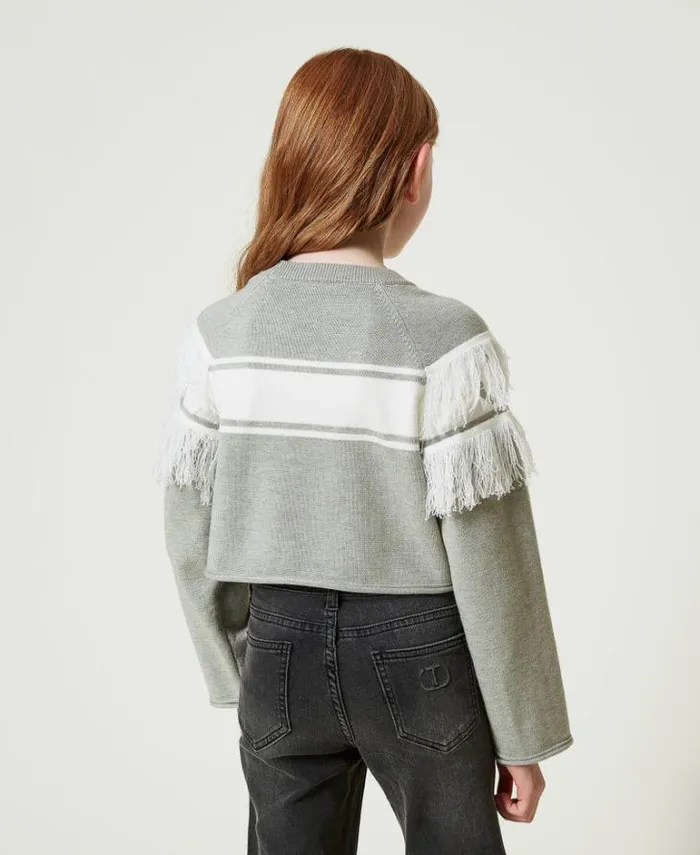 Twinset Jumpers And Cardigans Jumper With Jacquard Oval T And Fringes Twotone Frozen Fjord Light Blue Off White 8211 Girl