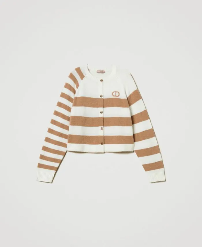 Twinset Jumpers And Cardigans Twotone Striped Cardigan Twotone Snow White Sandy Brown 8211 Clothing