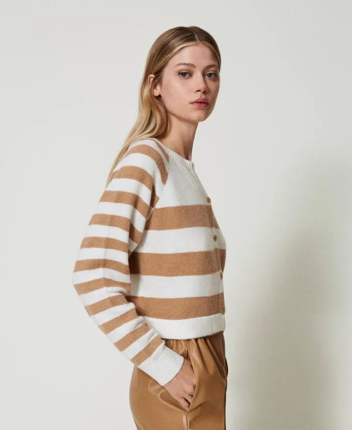 Twinset Jumpers And Cardigans Twotone Striped Cardigan Twotone Snow White Sandy Brown 8211 Clothing
