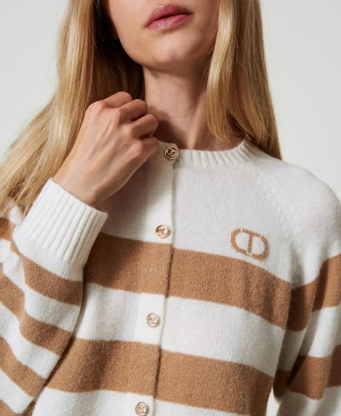 Twinset Jumpers And Cardigans Twotone Striped Cardigan Twotone Snow White Sandy Brown 8211 Clothing