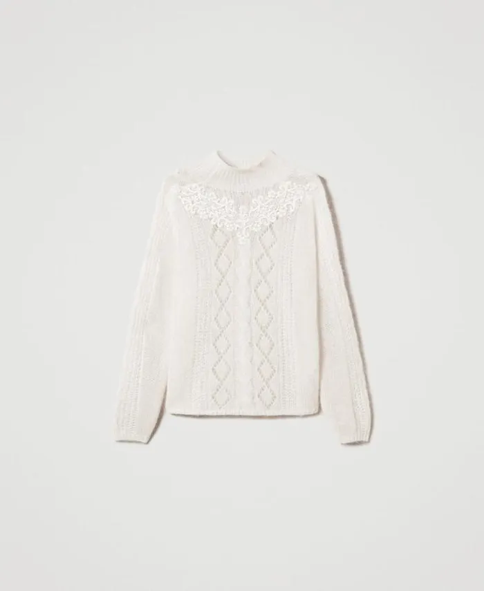 Twinset Jumpers And Cardigans Wool And Mohair Turtleneck Jumper With Lace White Snow 8211 Clothing