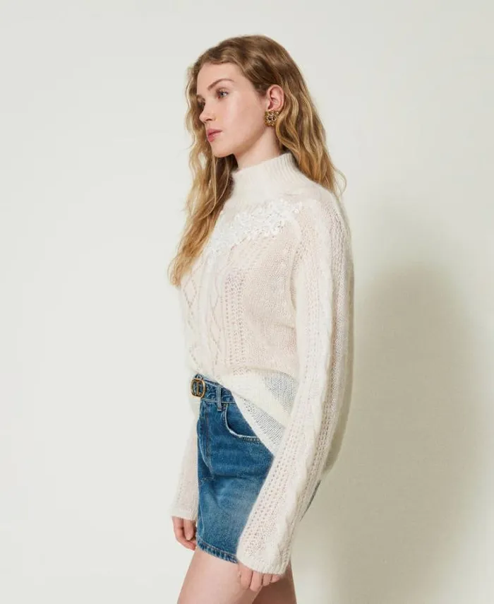 Twinset Jumpers And Cardigans Wool And Mohair Turtleneck Jumper With Lace White Snow 8211 Clothing