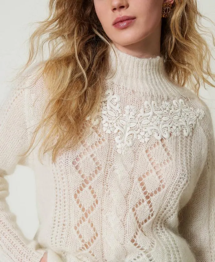 Twinset Jumpers And Cardigans Wool And Mohair Turtleneck Jumper With Lace White Snow 8211 Clothing