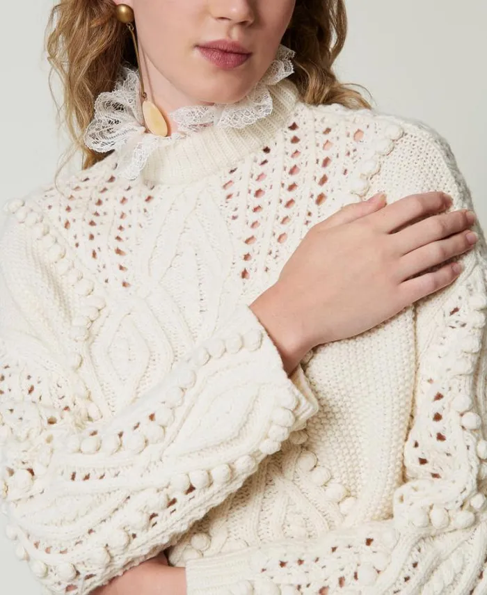Twinset Jumpers And Cardigans Wool Blend Mixed Stitch Jumper White Snow 8211 Clothing