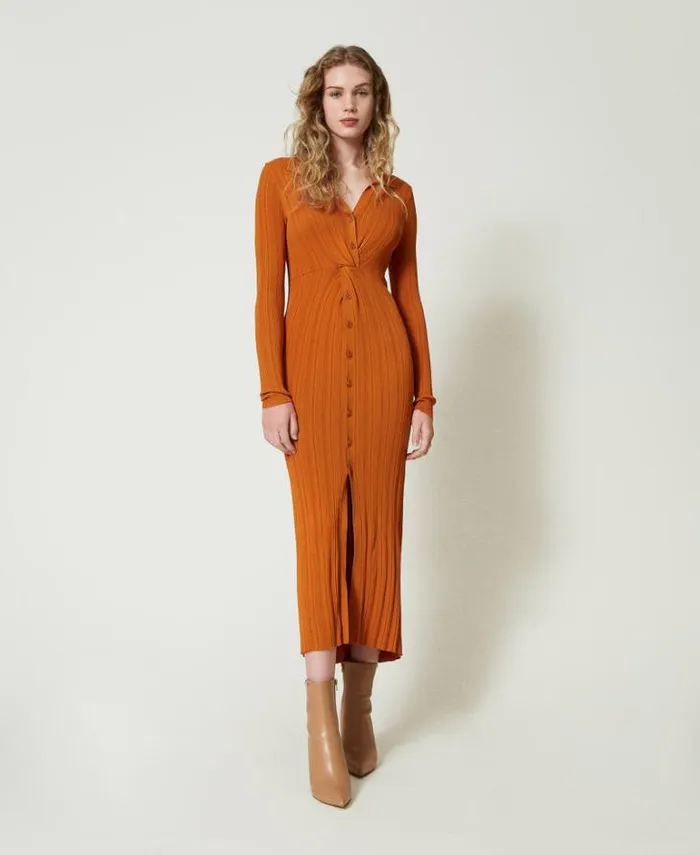 Twinset Long Dresses Long Knit Dress With Gathering Tennegrave Orange 8211 Clothing