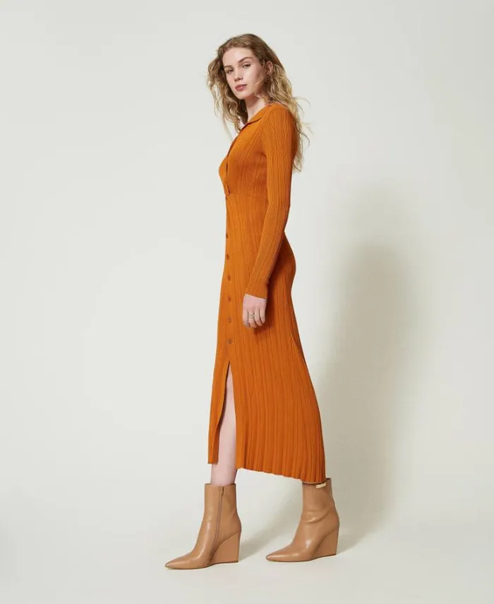 Twinset Long Dresses Long Knit Dress With Gathering Tennegrave Orange 8211 Clothing