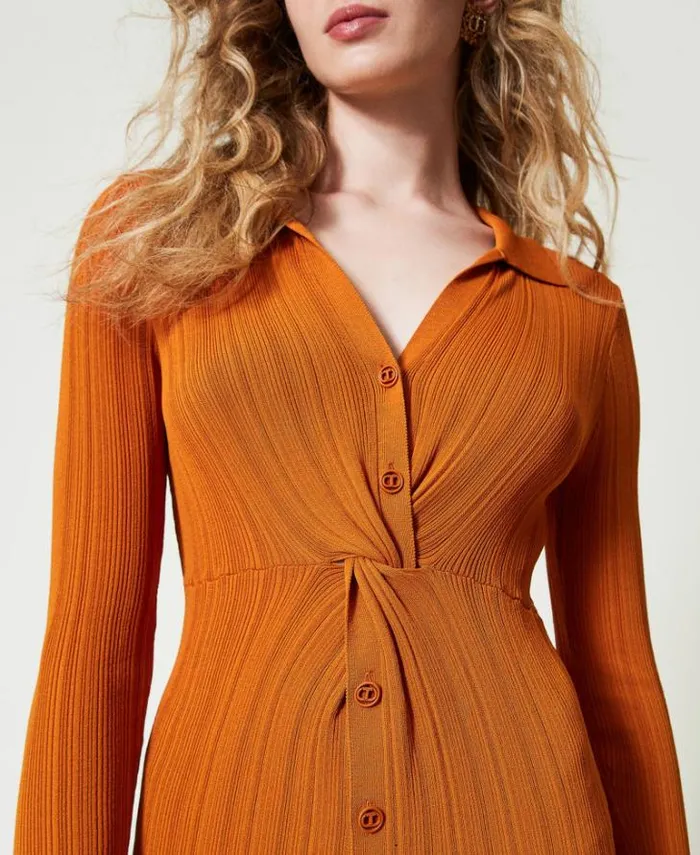Twinset Long Dresses Long Knit Dress With Gathering Tennegrave Orange 8211 Clothing