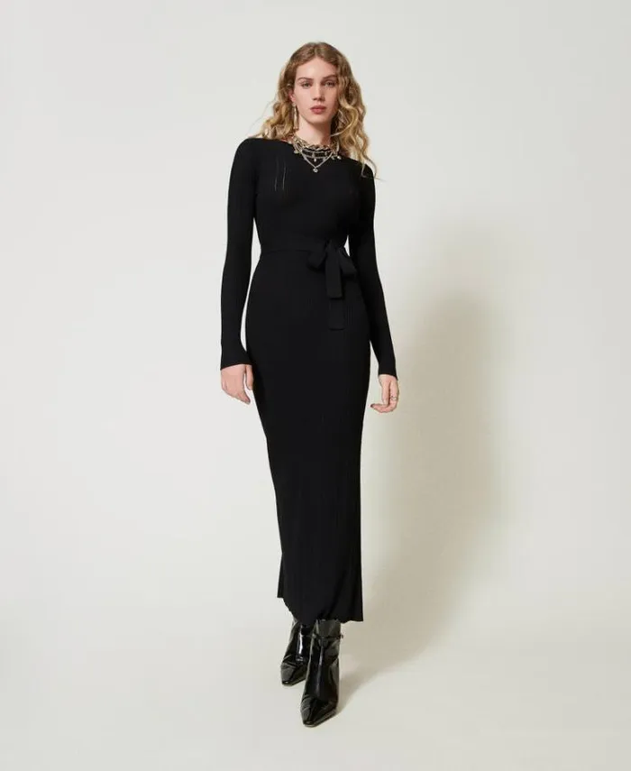 Twinset Long Dresses Long Ribbed Knit Dress With Cutout Black 8211 Clothing
