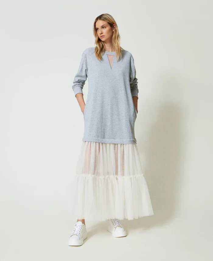 Twinset Long Dresses Plush Fabric And Tulle Long Dress Twotone Mid Melange Grey Motherofpearl 8211 Clothing