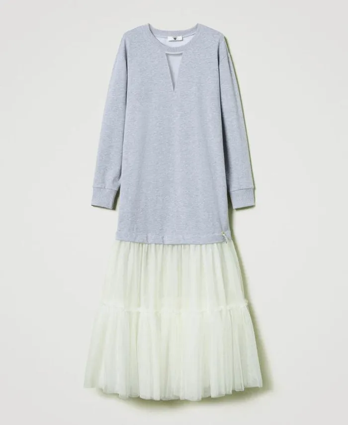 Twinset Long Dresses Plush Fabric And Tulle Long Dress Twotone Mid Melange Grey Motherofpearl 8211 Clothing